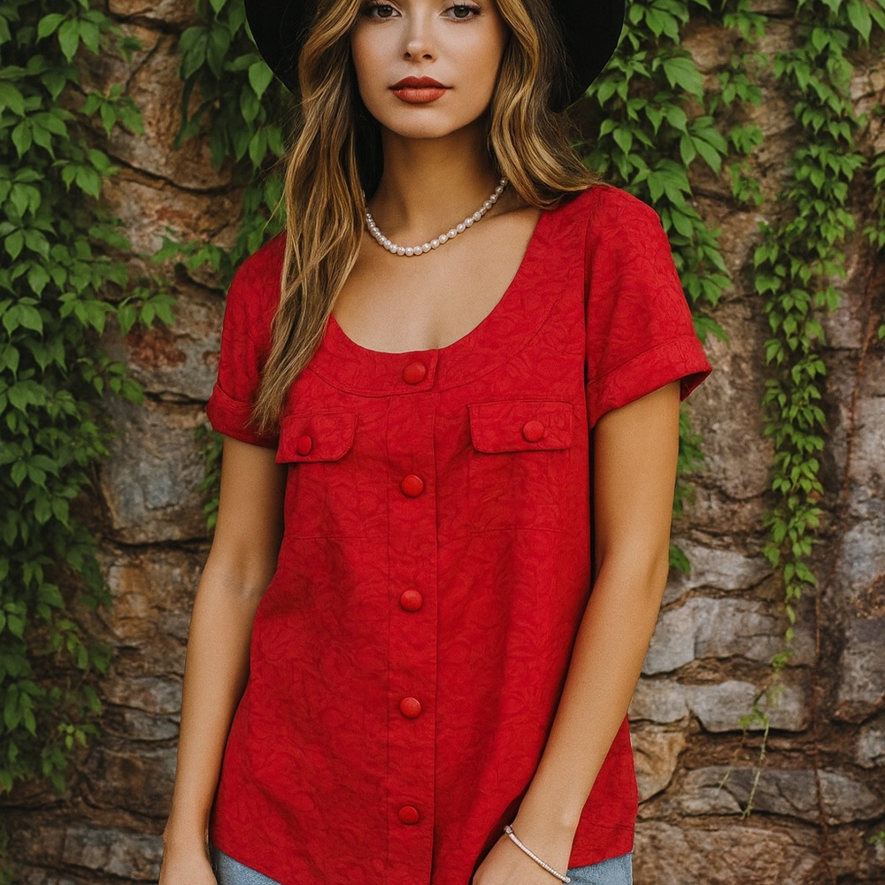 MARC BY MARC JACOBS Red Floral Button Front Burnout Blouse, 4